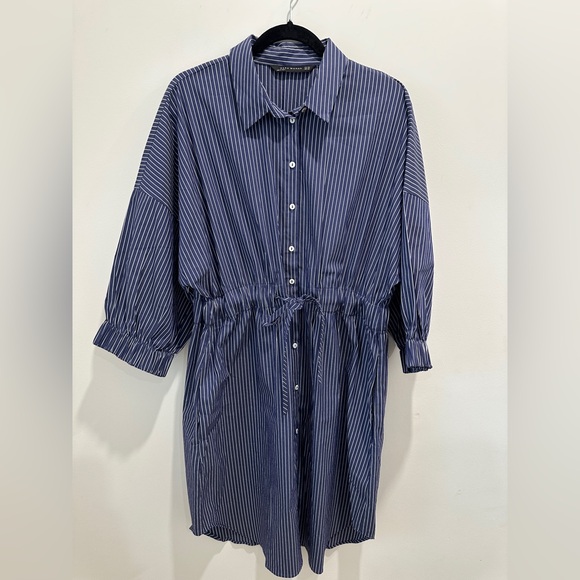 Zara Striped Blue Button-Up Dress size XXL puff sleeve tunic - Picture 2 of 16